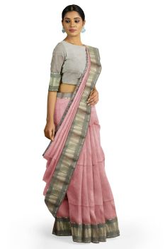 Light Pink & Gray Maheshwari Handlooms Traditional Chatai Border Saree