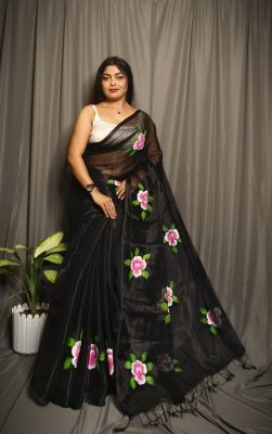 Black Pure Handloom Tissue Cotton Saree From Bengal