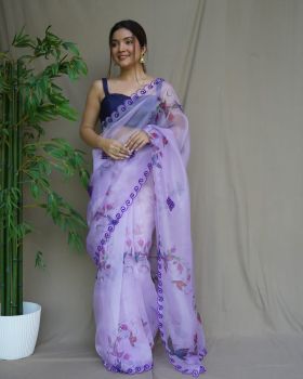 Purple Digital printed with viscos thread Gota work with cutwork Border