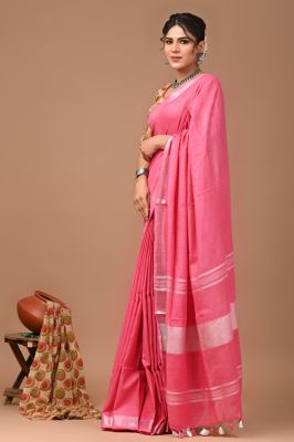 Pink Pure Handloom Linen By Linen Saree From Bengal