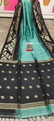 Aqua Blue Black Pure Handloom Linen By Linen Saree From Bengal