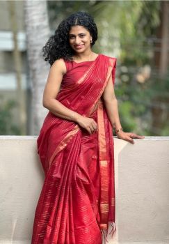 Red Pure Handloom Crafted Kota Silk Saree From Bhagalpur
