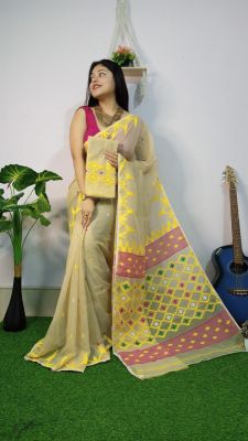 Tan Pure Handloom Dhakai Jamdani Saree From Bengal