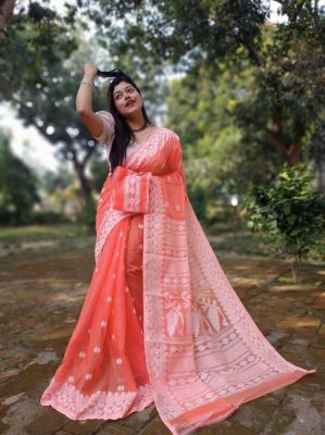 Coral Pure Handloom Dhakai Jamdani Saree From Bengal