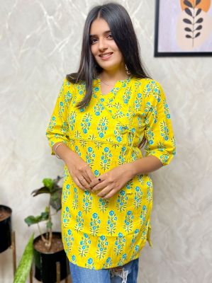 Lemon Yellow Pure Handloom Printed Kurti From Bengal