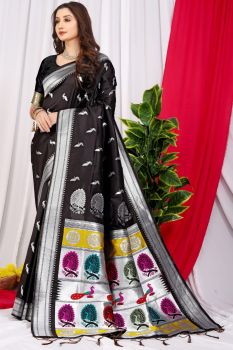 Black Peacock Design Rich Pallu Meenakari Work Paithani Soft Silk Saree
