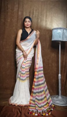 White Pure Handloom Linen By Linen Saree From Bengal