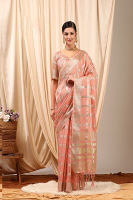 Peach Pure Handloom Silk Cotton Saree From Gujarat