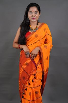Yellow Pure Handloom Cotton Saree From Bengal