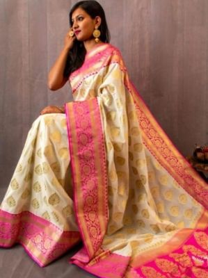 Cream Pure Handloom Silk Saree From Banaras