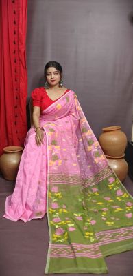 Pink Pure Handloom Dhakai Jamdani Saree From Bengal