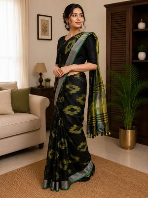 Premium Ikkat Linen Saree for Women with Rich Gold Zari Border, Lightweight Festive & Party Wear Saree