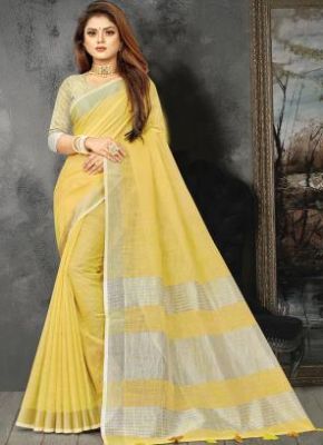 Yellow Linen By Linen Pure Handloom Saree From Bengal