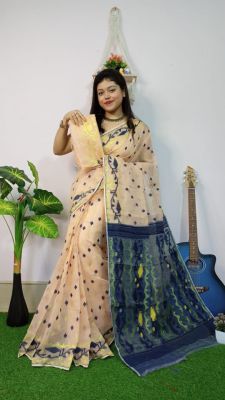 Cream Pure Handloom Dhakai Jamdani Saree From Bengal