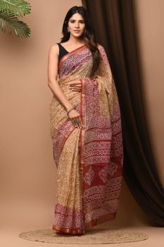 Brownish Pink Hand Block Kota Doriya Printed Leaf Design Saree