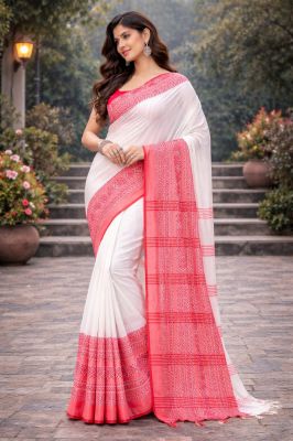 White Pink Cotton Pure Handloom Begumpuri Saree From Bengal