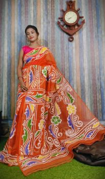 Orange Hand Printed Pure Handloom Resham Kota Saree