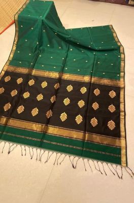 Green Black Pure Handloom Maheshwari Silk Cotton Saree From Bengal