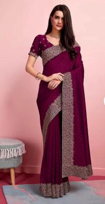 Wine Berry Pure Handloom Embellished Silk Saree From Banaras