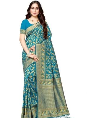 Aqua Blue Pure Handloom Banarasi Silk Saree From Banaras