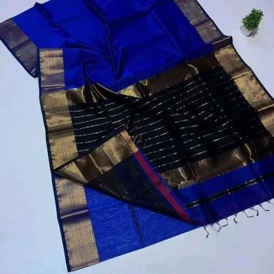 Royal Blue Black Pure Handloom Maheshwari Silk Cotton Saree From Bengal