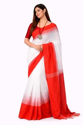 White Orange Pure Handloom Cotton Saree From Bengal
