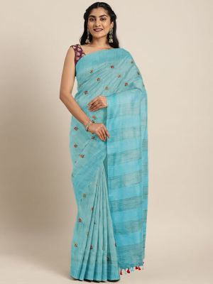 Sea Blue Linen By Linen Saree From Bhagalpur
