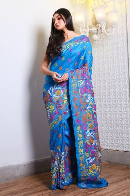 Aqua Blue Handloom Kantha Stitch Saree From Bengal