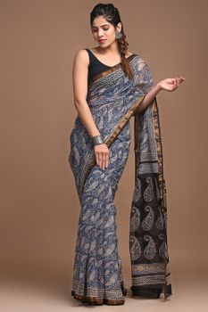Cloudy Grey Kota Doriya Printed Leaf Design Saree