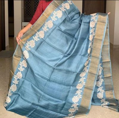 Slate Gray Pure Handloom Tussar Silk Saree From Bengal