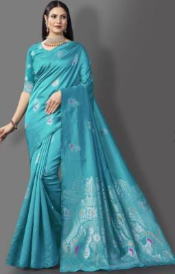 Aqua Blue Pure Handloom Silk Saree From Banaras