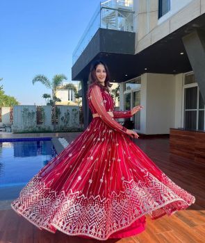 Red Heavy Butterfly Net With Heavy Embroidery Sequence Work With Sleeves