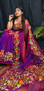 Grape Purple Pure Resham Maslin Embroidery Kashmire Pashmina Dobol Mina Work Saree