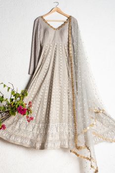 Cloudy Gray Threadwork Anarkali Set