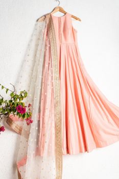 Coral Salmon Anarkali With Offwhite Rainbow Sequence Dupatta With Peach Border