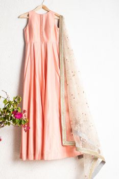 Coral Salmon Anarkali With Offwhite Sequence And Colored Threadwork Dupatta With Gray Border