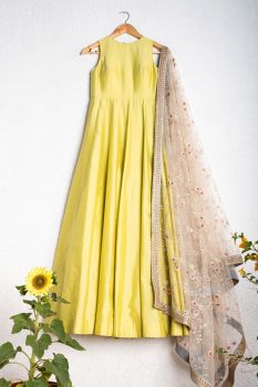 Chartreuse Green Anarkali Offwhite Sequence And Colored Threadwork Dupatta With Gray Border