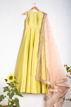 Charteuse Green Anarkali With Salmon Pink Gota Dupatta