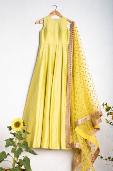 Charteuse Green Anarkali With Lime Green Dupatta And Peach Border