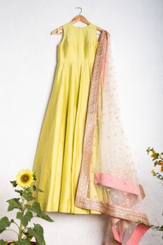 Charteuse Green Anarkali With Offwhite Rainbow Sequence Dupatta With Peach Border