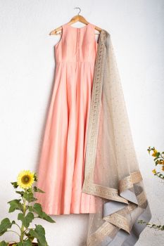 Coral Salmon Anarkali With Pearl River Grey Dupatta