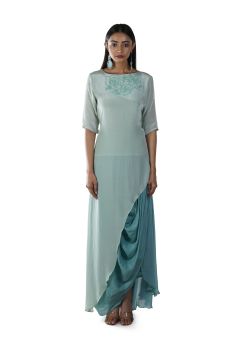 Green Rose Hand Embroidered Asymmetrical Tunic paired with a Draped Skirt