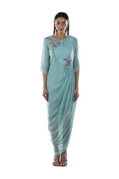 Aqua Green Floral Embroidered Draped Dress with a Chain & Tassels Enhancement