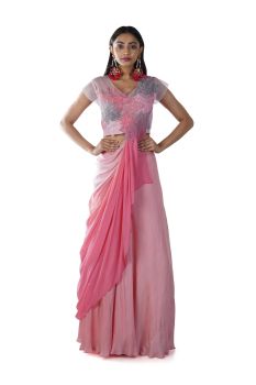 Pink Leaf Embroidered Blouse with an attached Dupatta paired with a Blush Pink Lehenga