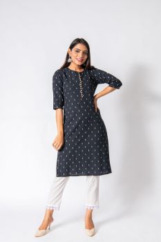 Black Ikkat Potli Button Straight Kurta