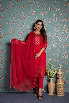 Embellish Placket Kurta With Pant Pair With Chiffon Dupatta