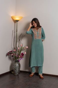 Sea Green Rayon Dobby Embellish Kurta Set