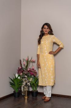 Lemon Yellow Embellish Kurta With Solid White Pant