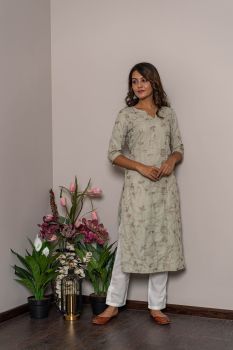Grey Embellish Kurta With Solid White Pant