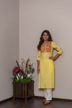 Yellow Printed Chickenkari Kurta With Pant